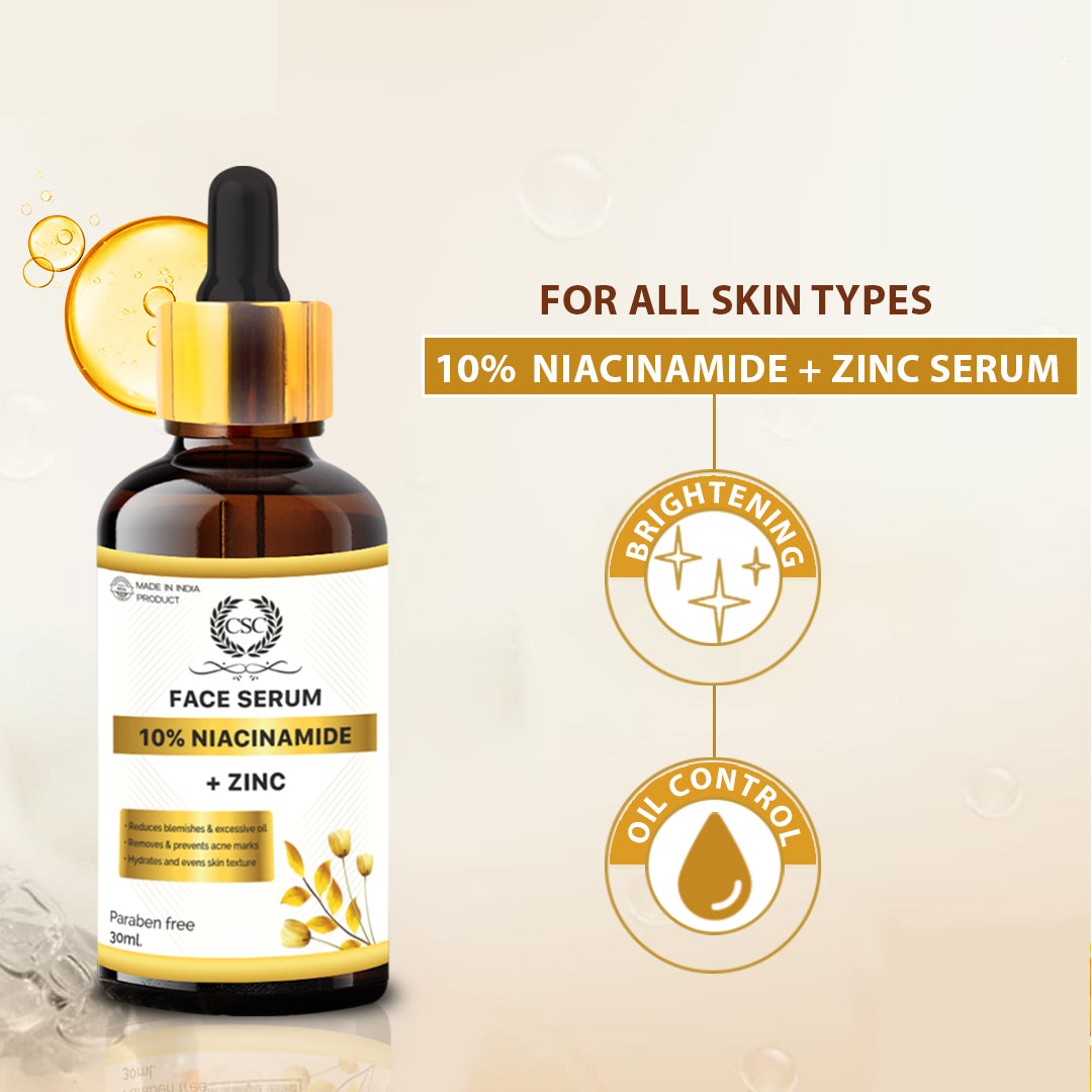 CSC 10% Niacinamide Serum + Zinc | Face Serum to Reduce Blemishes, Excessive Oil | Helps Remove And Prevent Acne marks - for All Skin Types 30ml