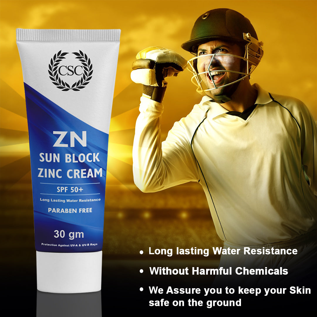 CSC ZN Sunblock Zinc Oxide Cream for Cricketers - Sweat & Water Resistant - 30 Gram