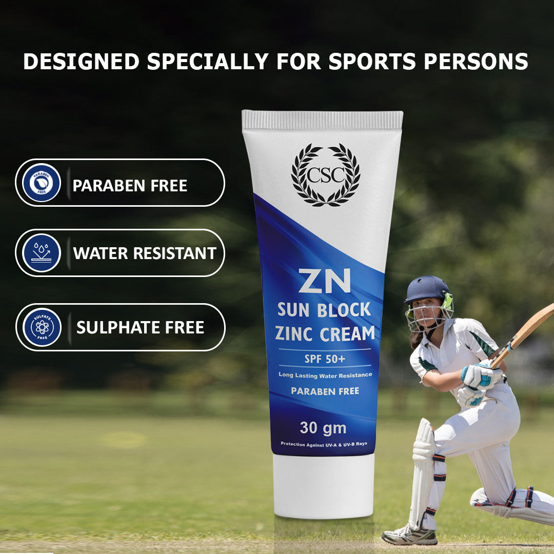 CSC ZN Sunblock Zinc Oxide Cream for Cricketers - Sweat & Water Resistant - 30 Gram